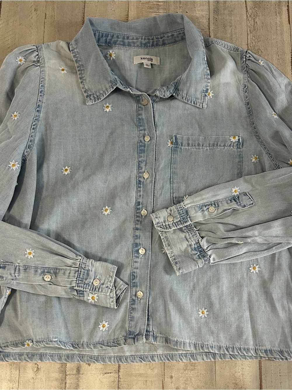 Kensie Light Wash Denim Shirt with Daisy Embroidery - Picture 1 of 6